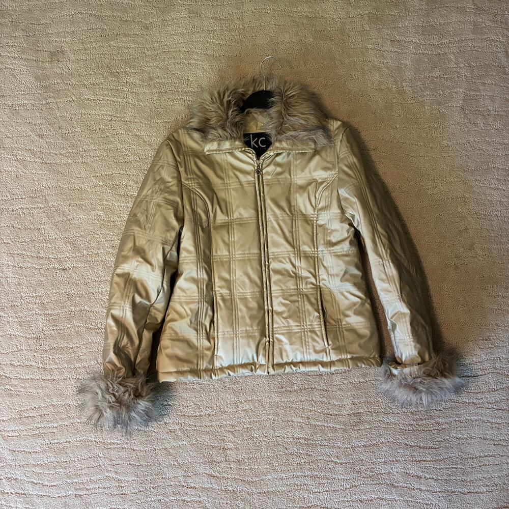 Y2K KC Collection Women M Faux Fur Quilted Satin Cropped Jacket McBling Girly